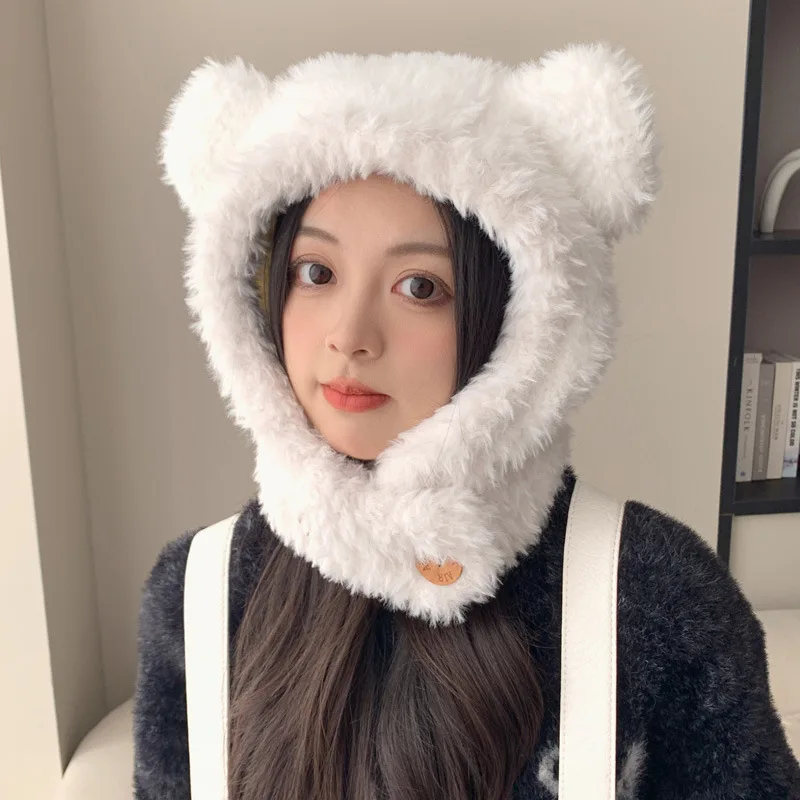 Plush bear ear hat woman winter thick cold lovely windproof neck protector scarf neck integrated hat