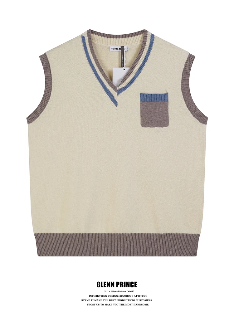 

Мужской вязаный жилет GPstudio в японском ретро-стиле, с цветными блоками, свободного кроя, для молодежи, осенняя одежда