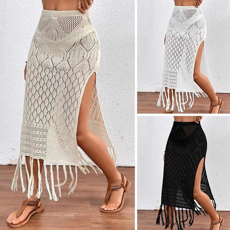 Women Knitted  Skirts Sexy High Slit Tassel Cover-Up Beach Summer Vacation Wrapped Skirt Bikini Cover Up