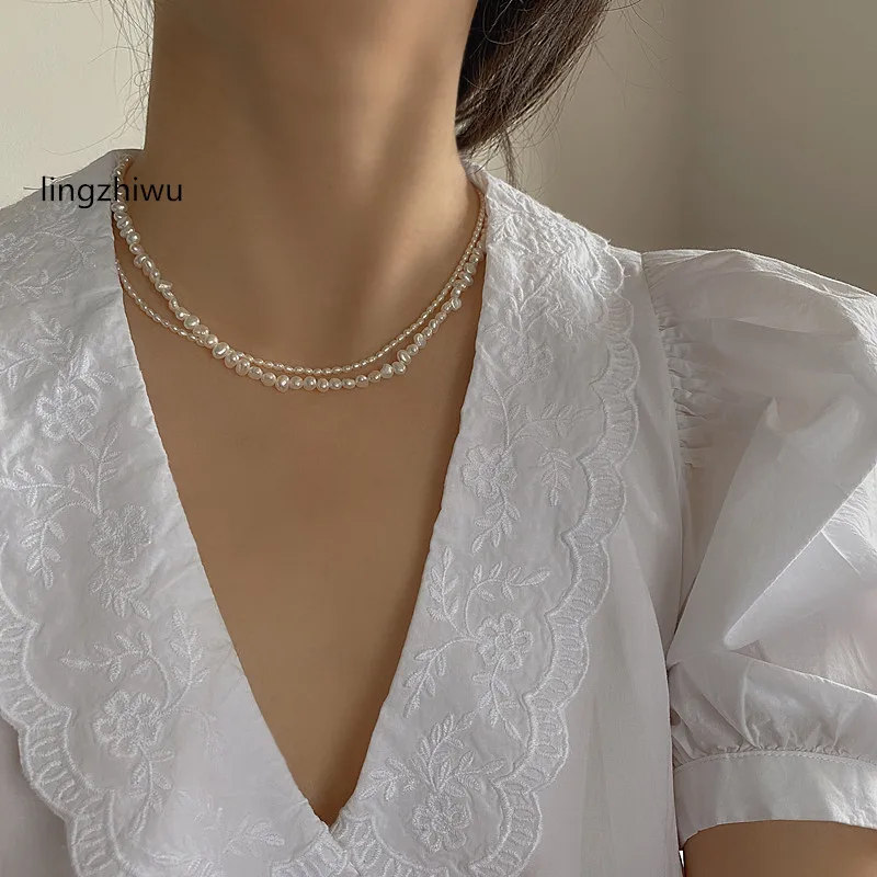 lingzhiwu Women Handmade Natural Pearls Necklace Baroque Pearls Neck Chain American 14k Gold Plate Vintage Choker Necklaces New