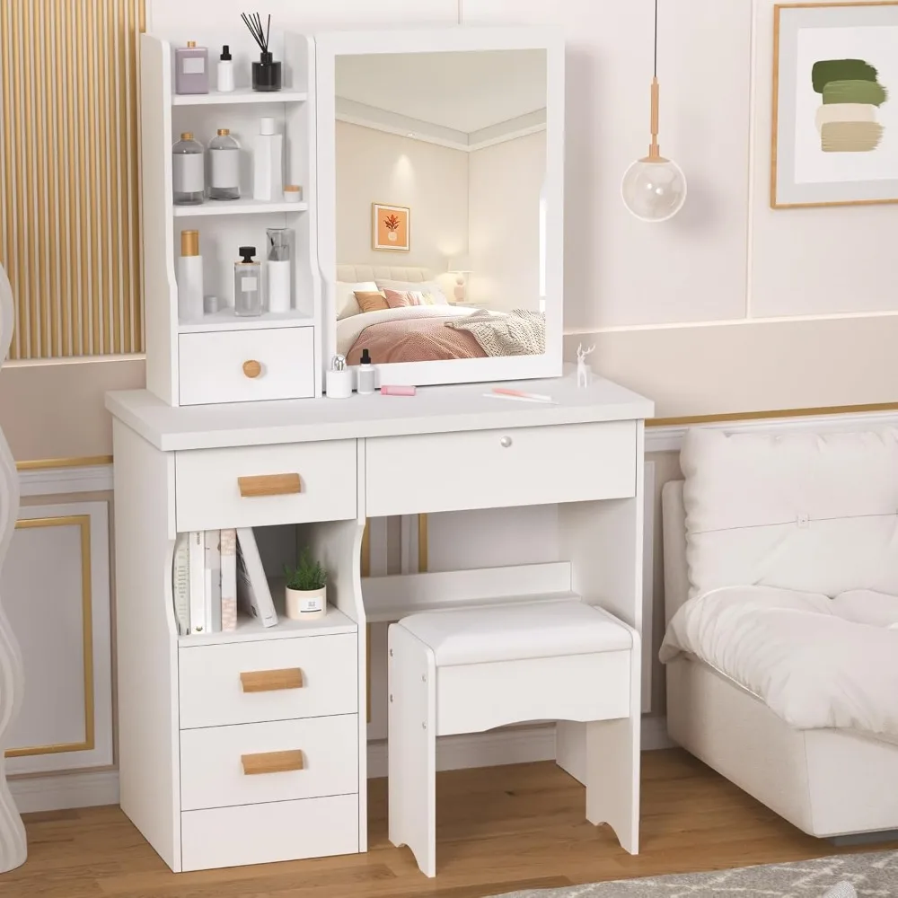 

Makeup vanity with sliding mirror, white bedroom vanity with 5 drawers and shelves, hidden storage space