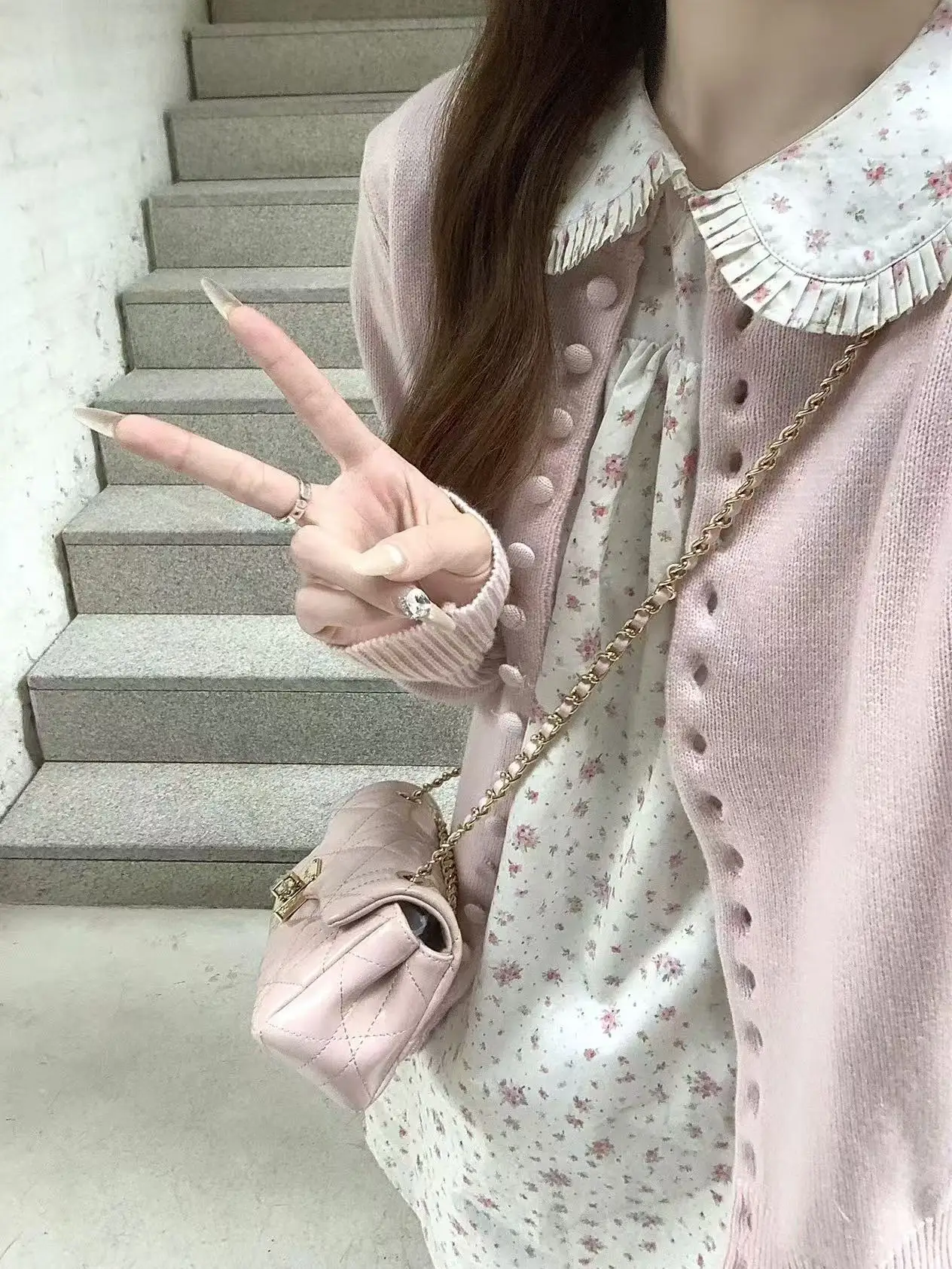 

Sweet Style Knitted Two-Piece Set Long Sleeve Cardigan And Short Sleeve Dress for Women Floral Print Spring Fashion Ensemble