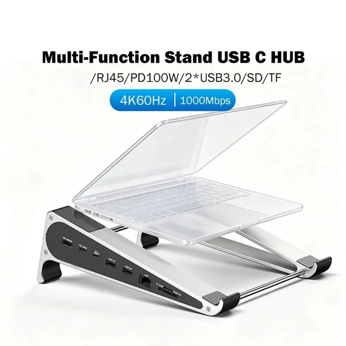 Laptop Bracket USB 3.0 HUB Multi USB C Docking Station PD 100W 4K 60Hz Gigabit Ethernet Laptop Stand with RJ45