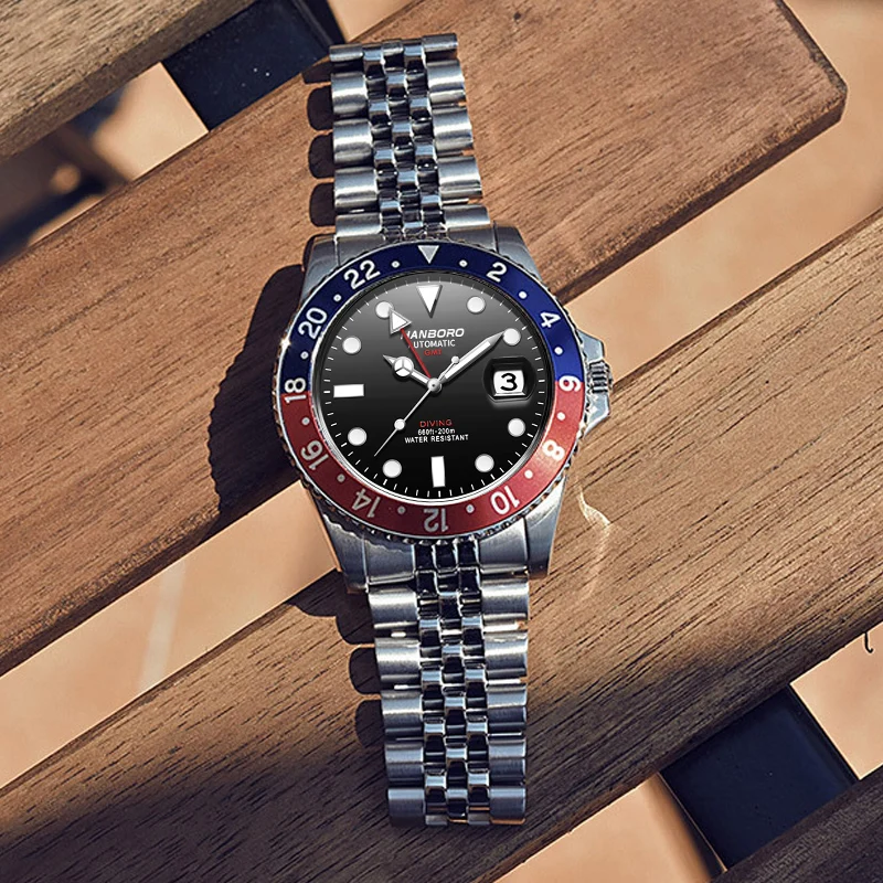 HANBORO Reloj Automático para Hombre 44MM GMT Reloj de Pulsera Mecánico de Lujo Luminoso 50M Lupa Resistente al Agua Fecha