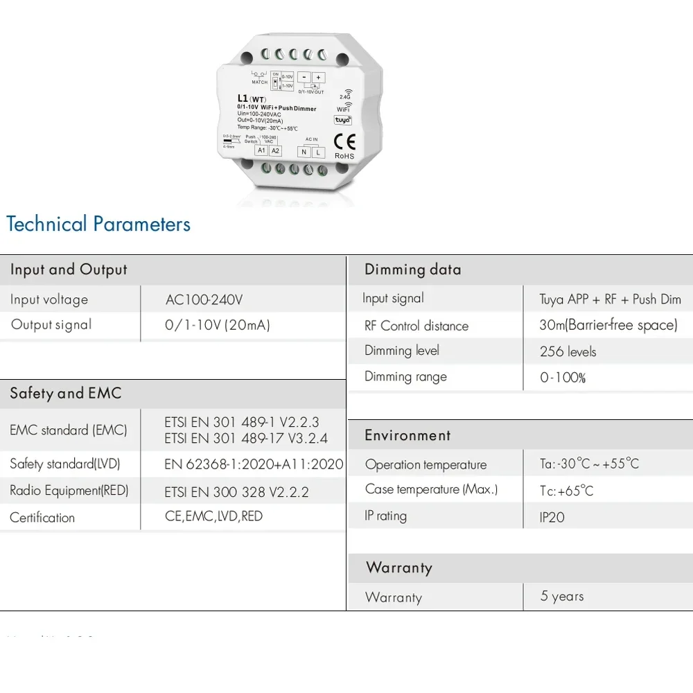 0/1-10V LED Dimmer Controller Push Dimmer Smart WiFi Zigbee Tuya R11/L1(WT)/L1(WZ)/RT6/TW1 Smart Life APP Control 110V 220V 230V