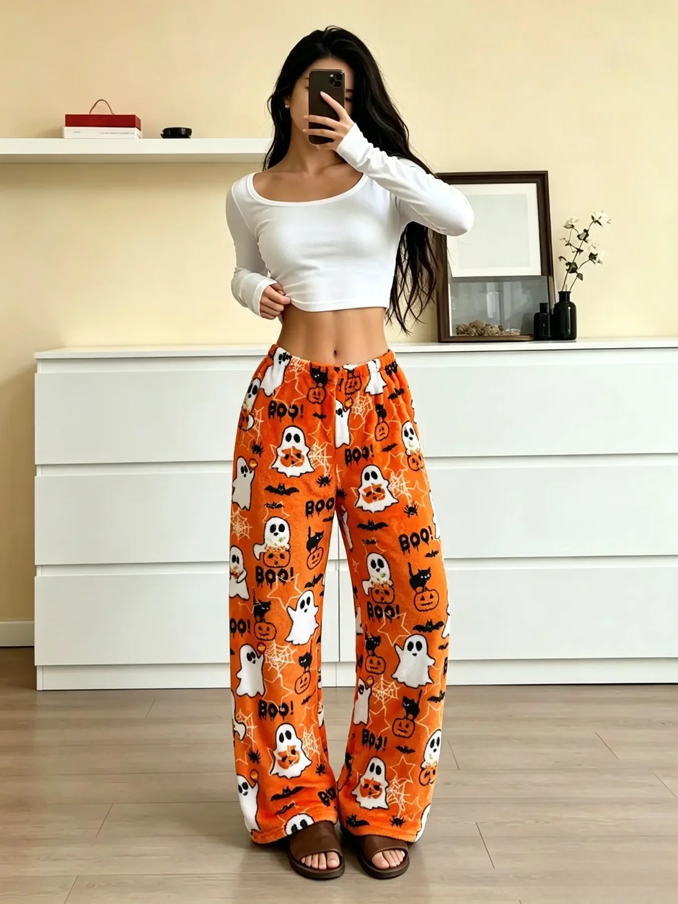 Autumn Winter Women's Men's Flannel Halloween Cosplay Pajama Pants Pumpkin 3D Print Pajama Pants Casual Loose Long Pajama Pants