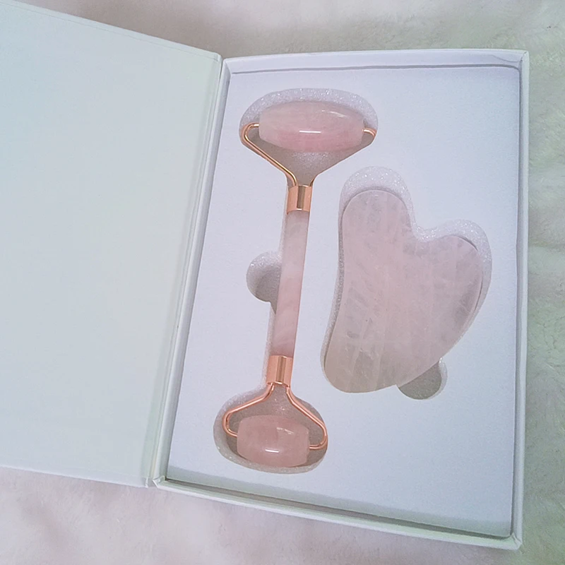 Natural Rose Quartz Face Roller & Heart Gua Sha Set, Anti-Aging Facial Massage Scraping Tool with Gift Box for Skin Lifting