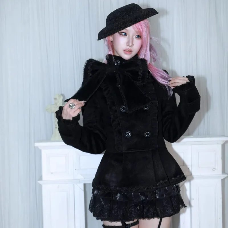 FallenVex Store Ladies Sweet Gothic Winter Wool Blend Short Coat Removable Big Bow Ornament Double‑Breasted Slim  Outer Jacket