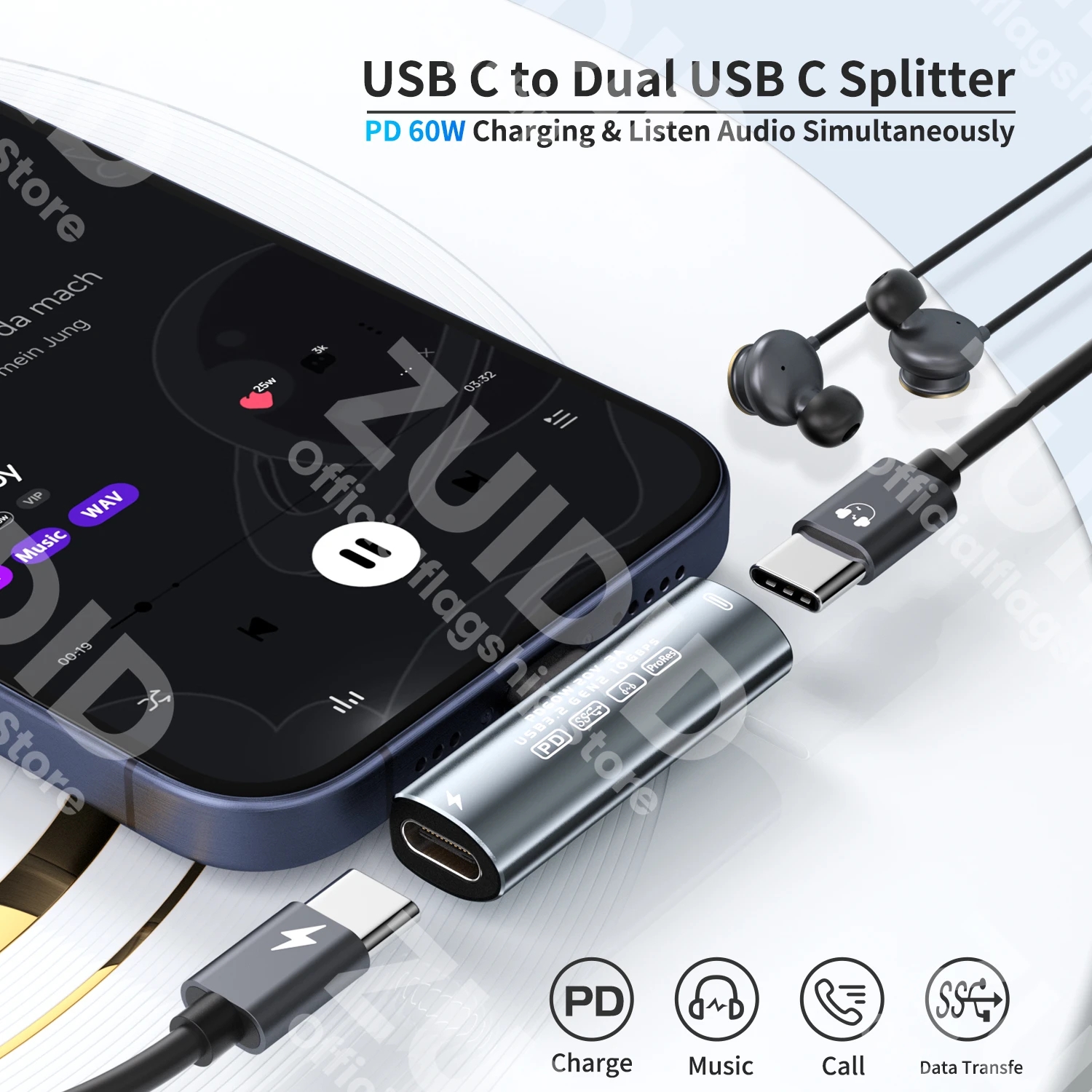 2in1 USB C to Dual Type C Aux Audio Adapter USB3.2 10Gbps PD60W Fast Charging Aux Headphone Converter For iPhone 15 Pro Samsung