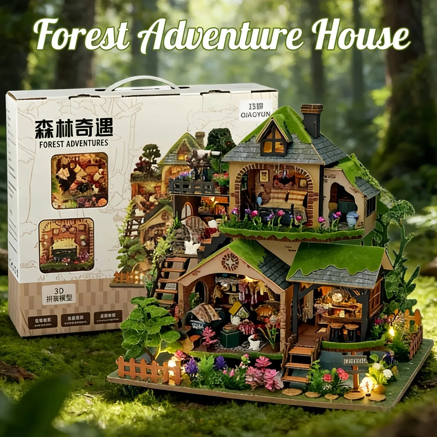 Kit de Casa Miniatura DIY, Kit de Construção de Mini Casa com LED, Kit Miniatura DIY para Adultos e Adolescentes, Kit de Casa de Bonecas, Aventura na Floresta