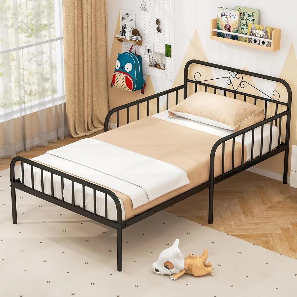 

Metal Twin Bed Frames for Kids, Heavy Duty Metal Platform Bed Frame with Headboard & Safety Guardrails, Modern Toddler