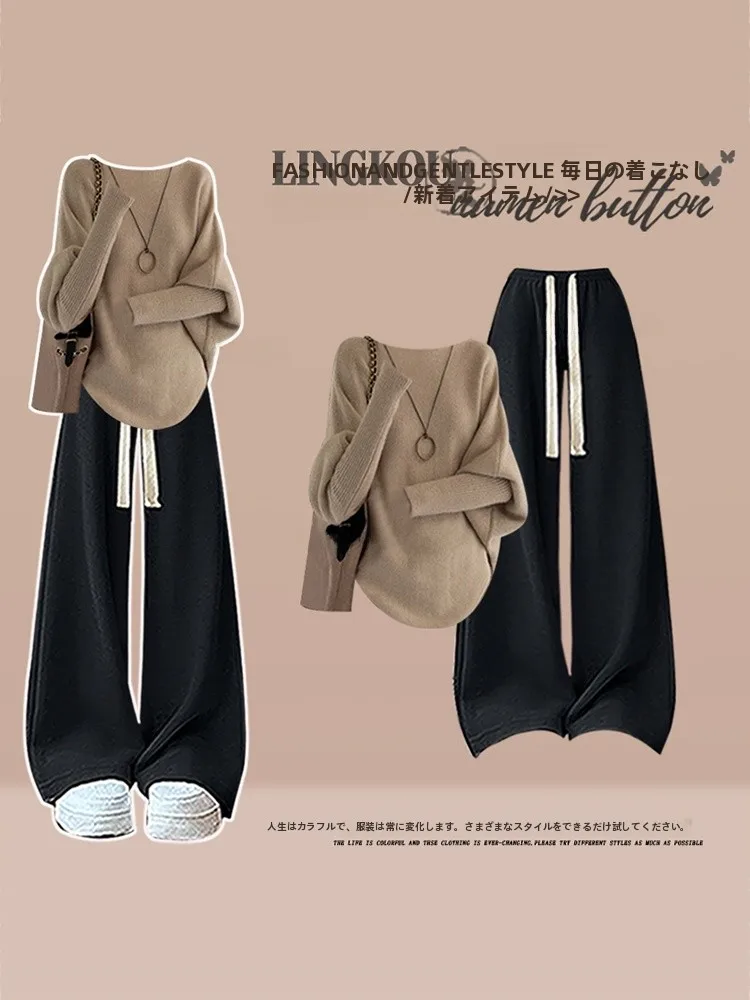 

Elegant plus Size Knitted Sweater And Wide Leg Casual Pants Set for Women Korean Style Lazy Fashion Slimming Age Defying Two ...