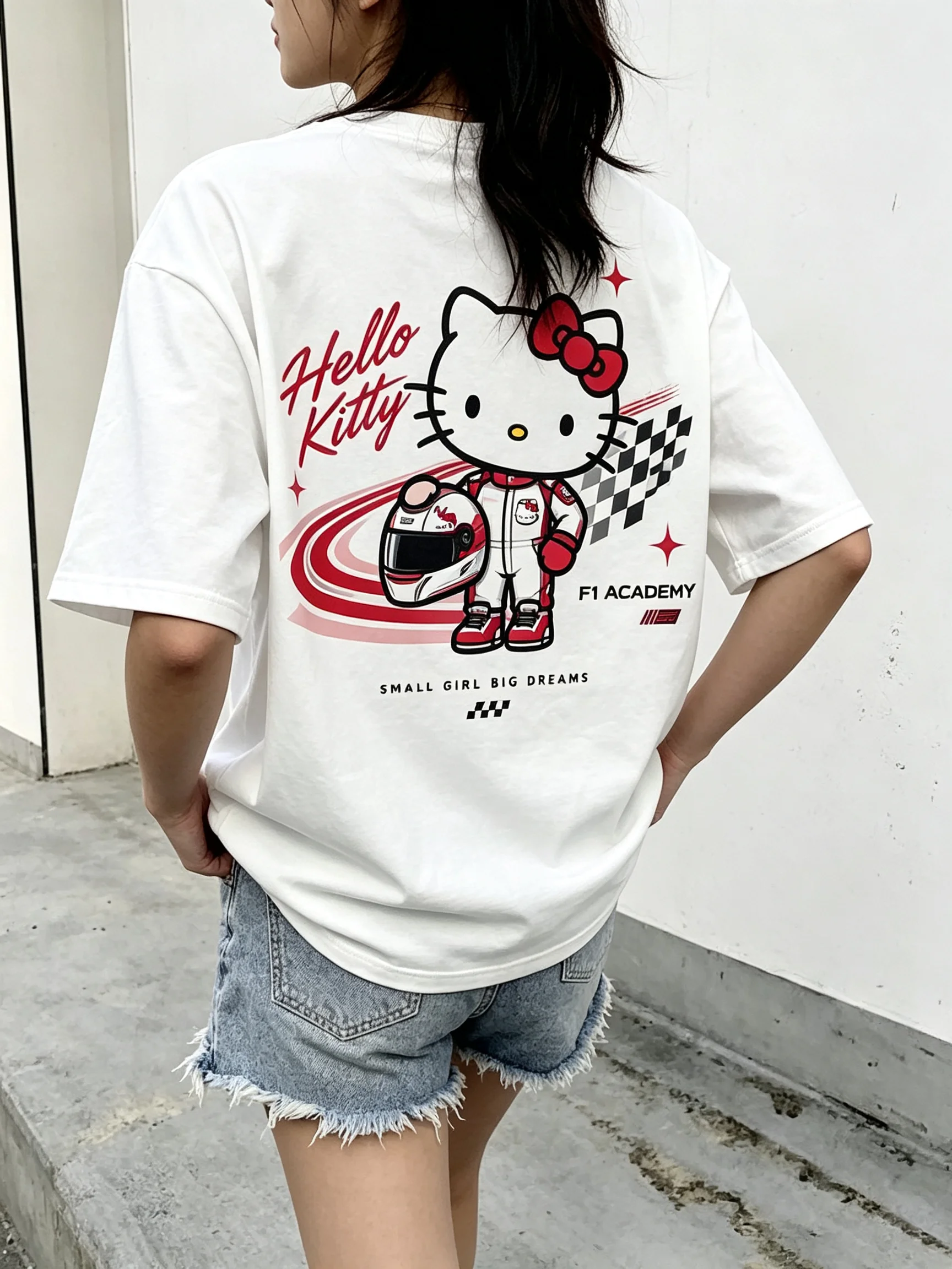 Sanrio Hello Kitty F1 Racing Girls Drive Parent Child Cute Print T Shirt Men's Women's White Sporty Streetwear Short Sleeve Top