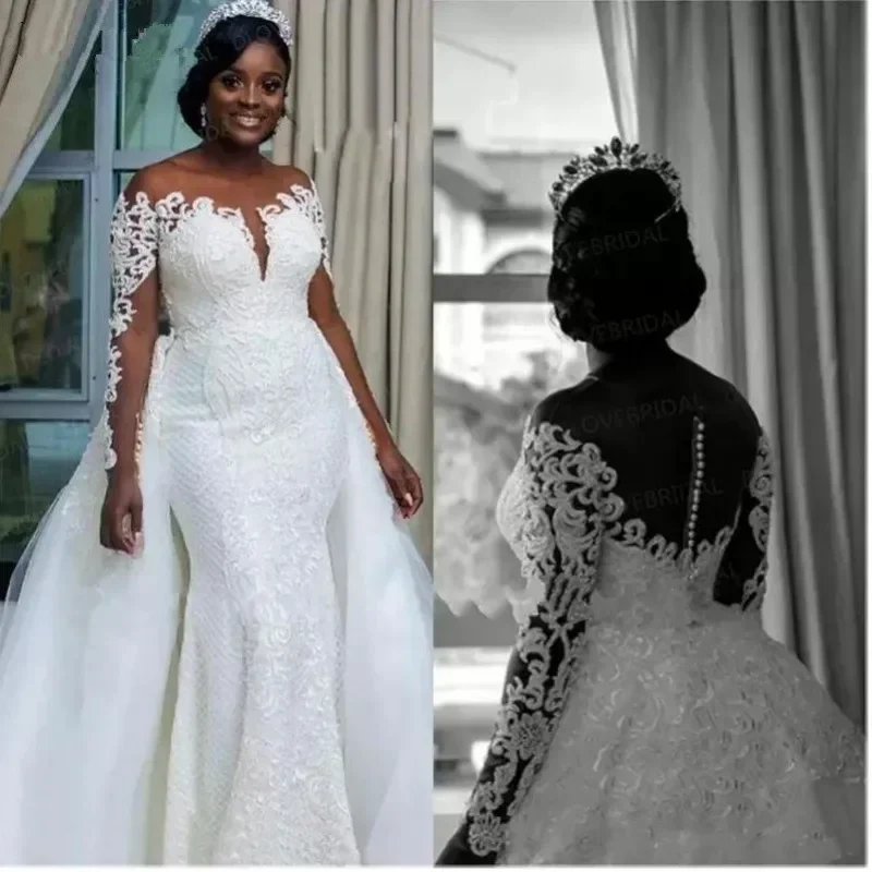 Vestidos de novia de sirena sudafricanos de talla grande de manga larga personalizados con falda desmontable