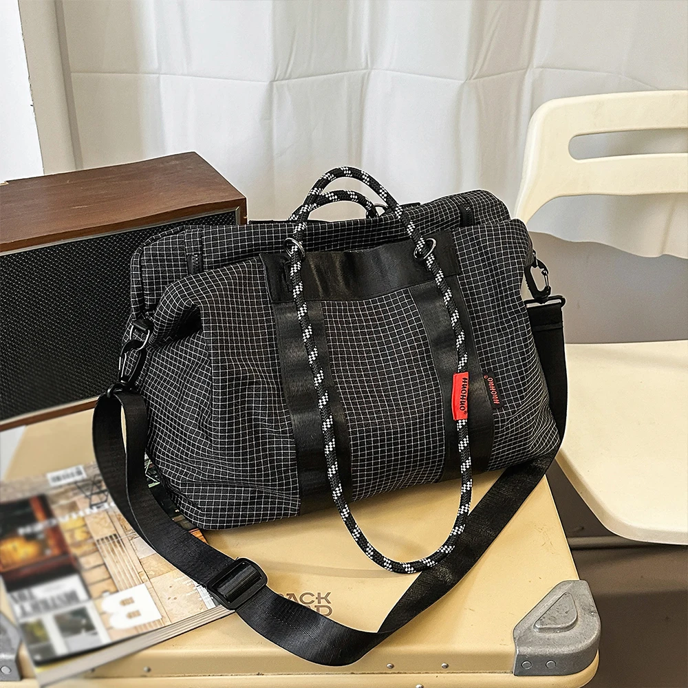 

Grid Duffle Shoulder Bag, Multiway Crossbody Handbag, Rope Handle Large Capacity, Urban Short Trip Daily Bag