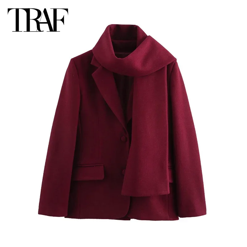 TRAF Women's Blazers 2024 Autumn Winter Scarf Wool&Blends Large Size Blazer Coat Ladies Fashion Red Brown Long Sleeve Outerwears