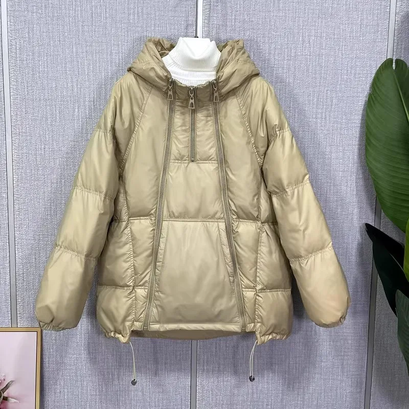 2025 neue Daunenjacke Winter Frauen Mit Kapuze Weiße Ente Puffer Mantel Weibliche Feste Kapuze Lose Reißverschlüsse Parkas Dame Warme Schnee Mantel