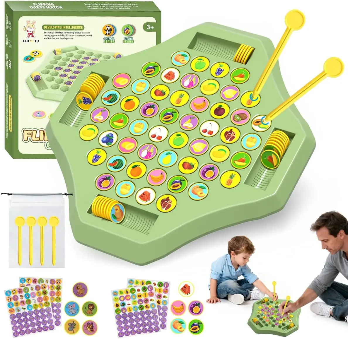 

104PCS Flip Chess Memory Game, Fruit & Animal Matching Kids Board Game with Storage Bags