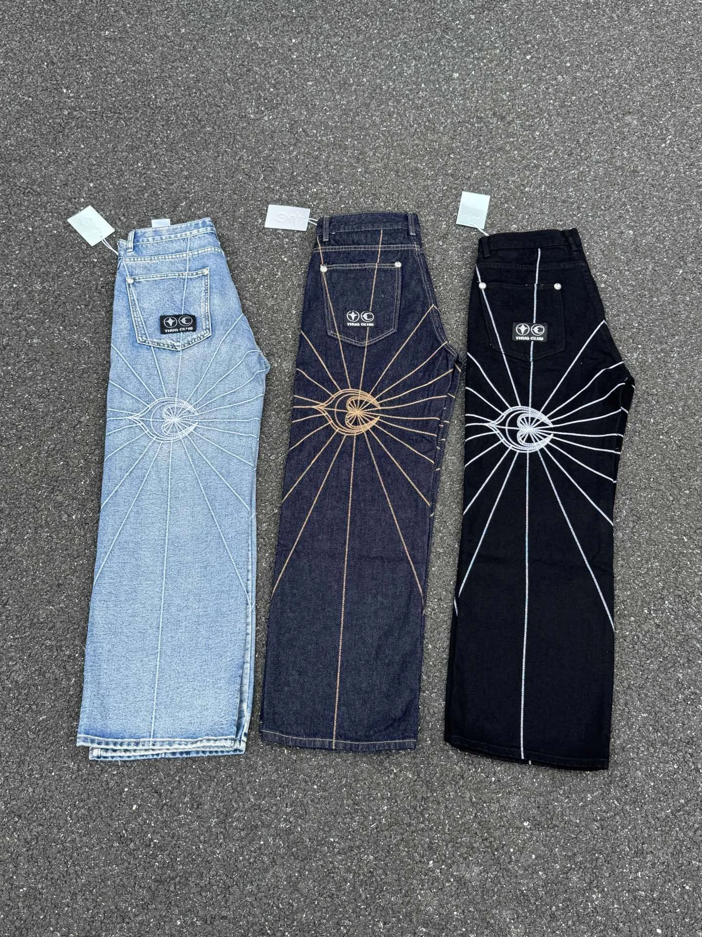 

Thug Club Spider Web Embroidered Casual Jeans Loose Straight Leg Men's Denim Pants Comfortable Breathable Summer Cotton