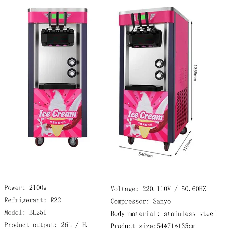 Soft Ice Cream Machine Fully Automatic Ice Cream Maker Stainless Steel 3 Flavors 220V