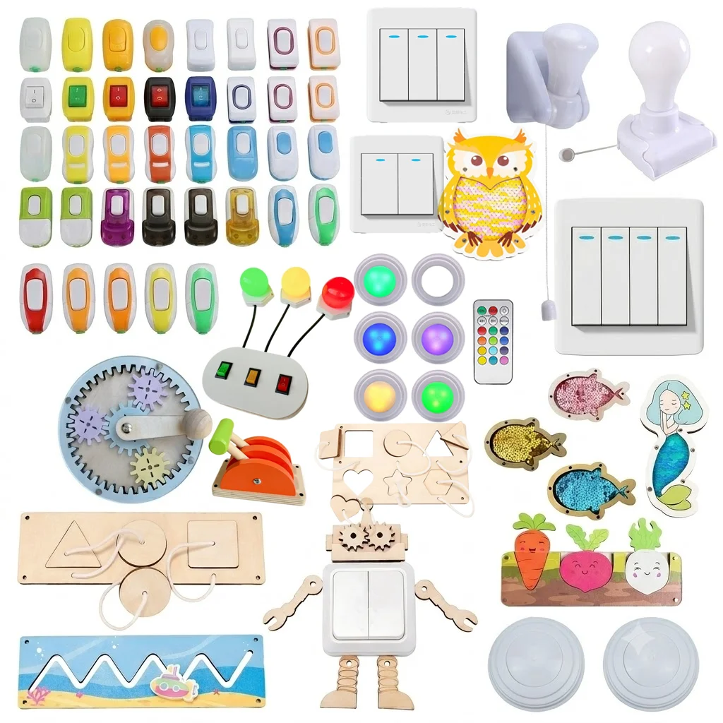 Montessori Busy Board DIY Activity  Accessories Pull Light Button Switch Educational Learning Toys Motor Kit Castle Train Parts