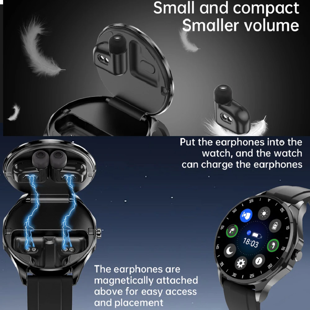 TWS Noise Reduction Headset 2 In 1 Smart Watch NFC Heart Rate Sports Waterproof Headphone Watches Blue Tooth Call Smartwatch