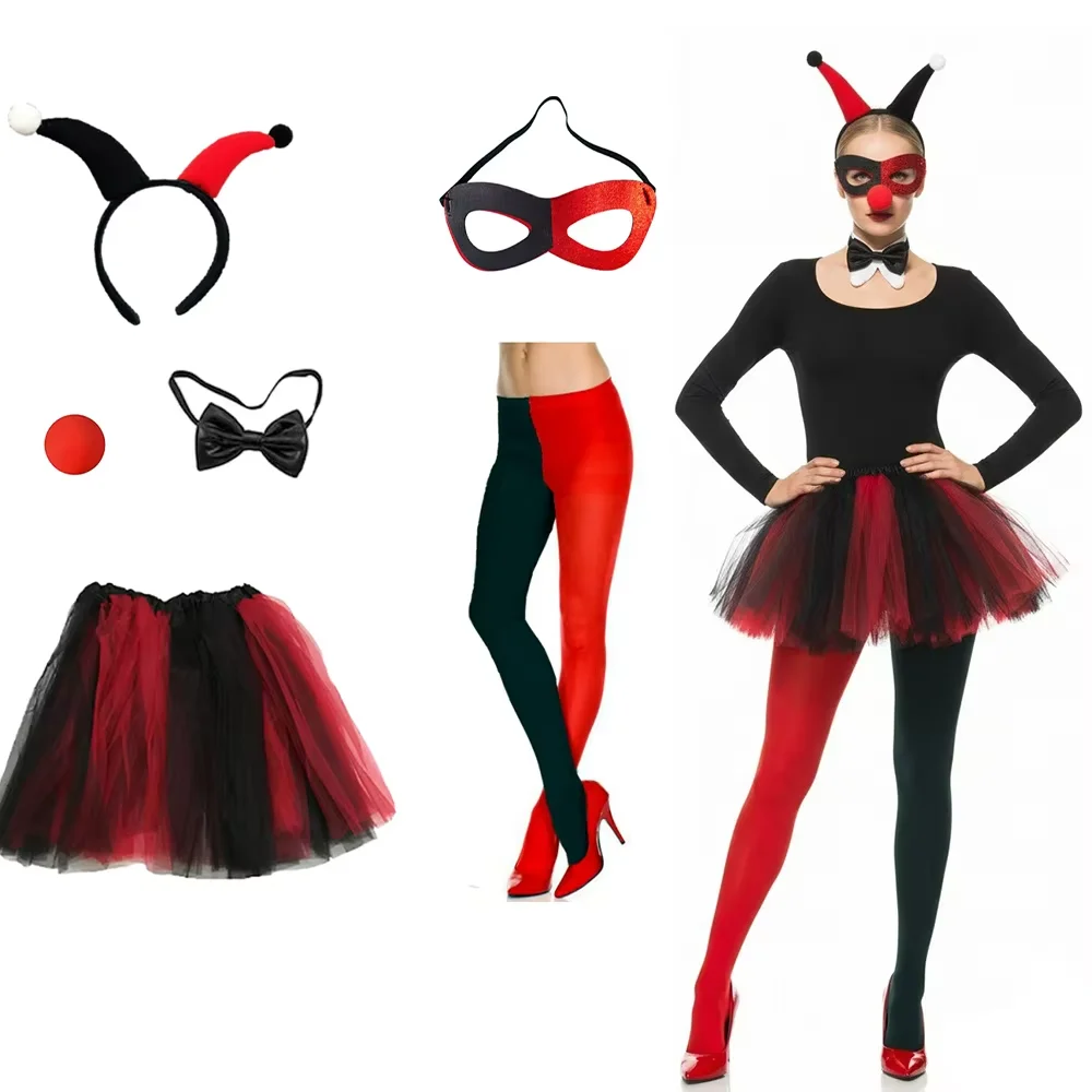 

PESENAR Clown Costume Set Headband Mask Bowtie Nose Tutu Tights Halloween Party Cosplay Outfit for Women