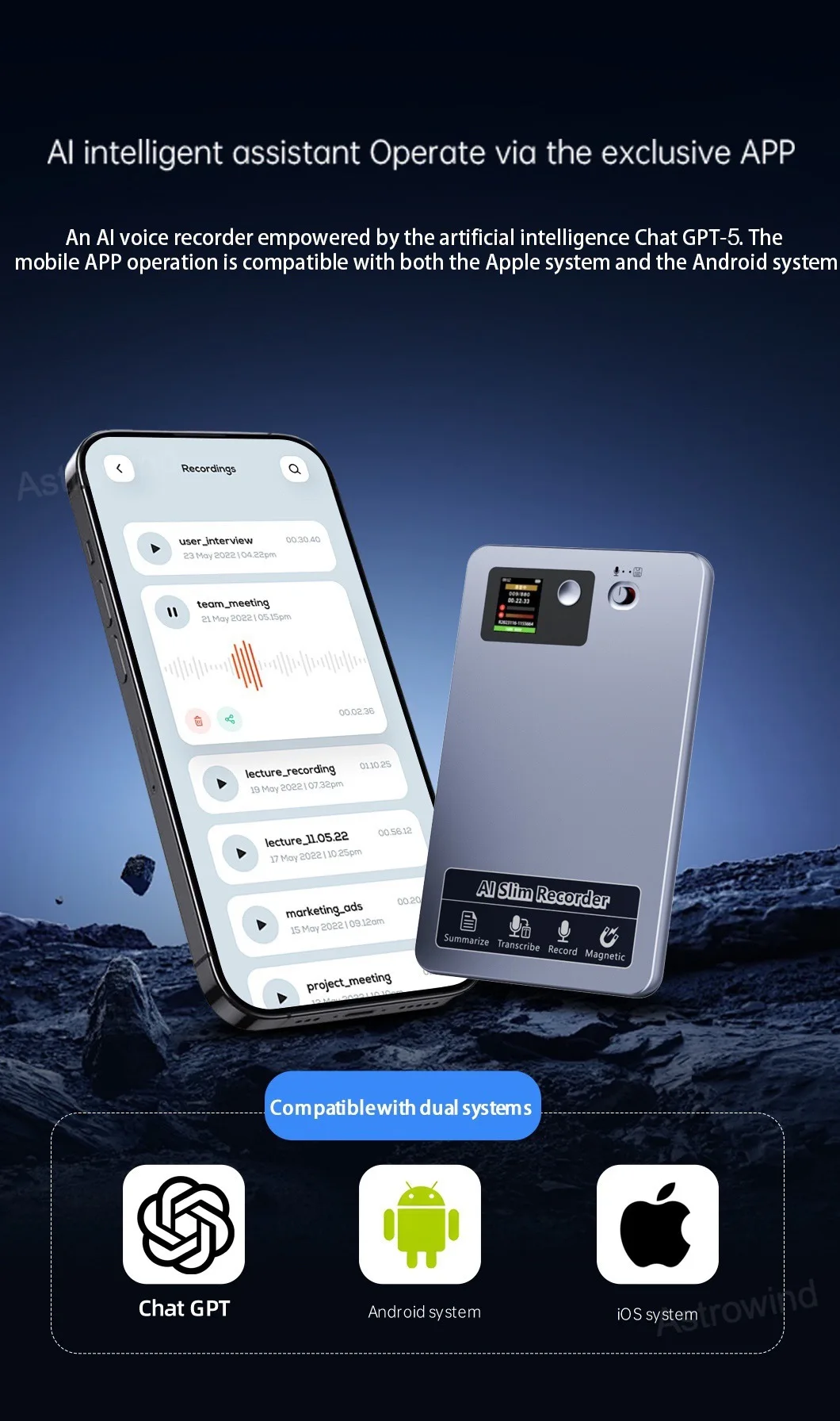 118 Languages 64GB Memory Audio Recorder 400ma Lectures Meeting AI Voice Recorder Device for Magnetic Attachment iPhone