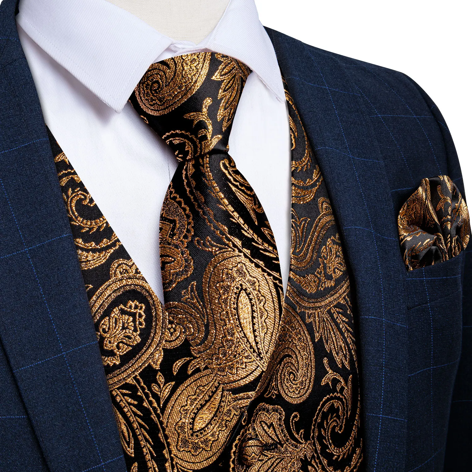 Luxury Brown Paisley Silk Suit Vest Set for Men Neck Tie Pocket Square Cufflinks Wedding Party Tuxedo Male Blazer Waistcoat