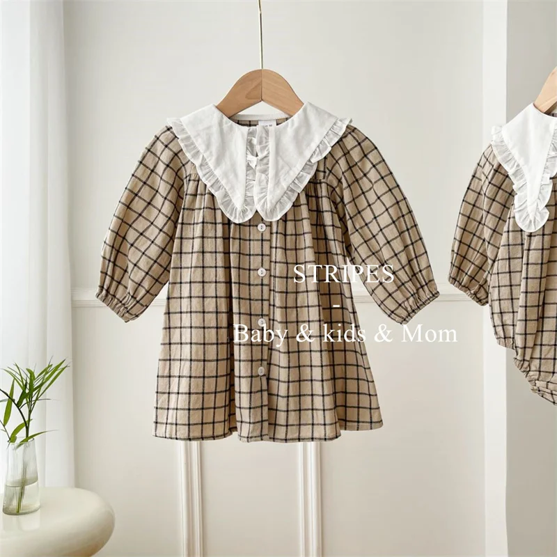 Family Matching Clothes Spring Summer Shirt Plaid Mother Daughter Long-sleeved Soft Cotton Dress Women Dress Girl Birthday Dress