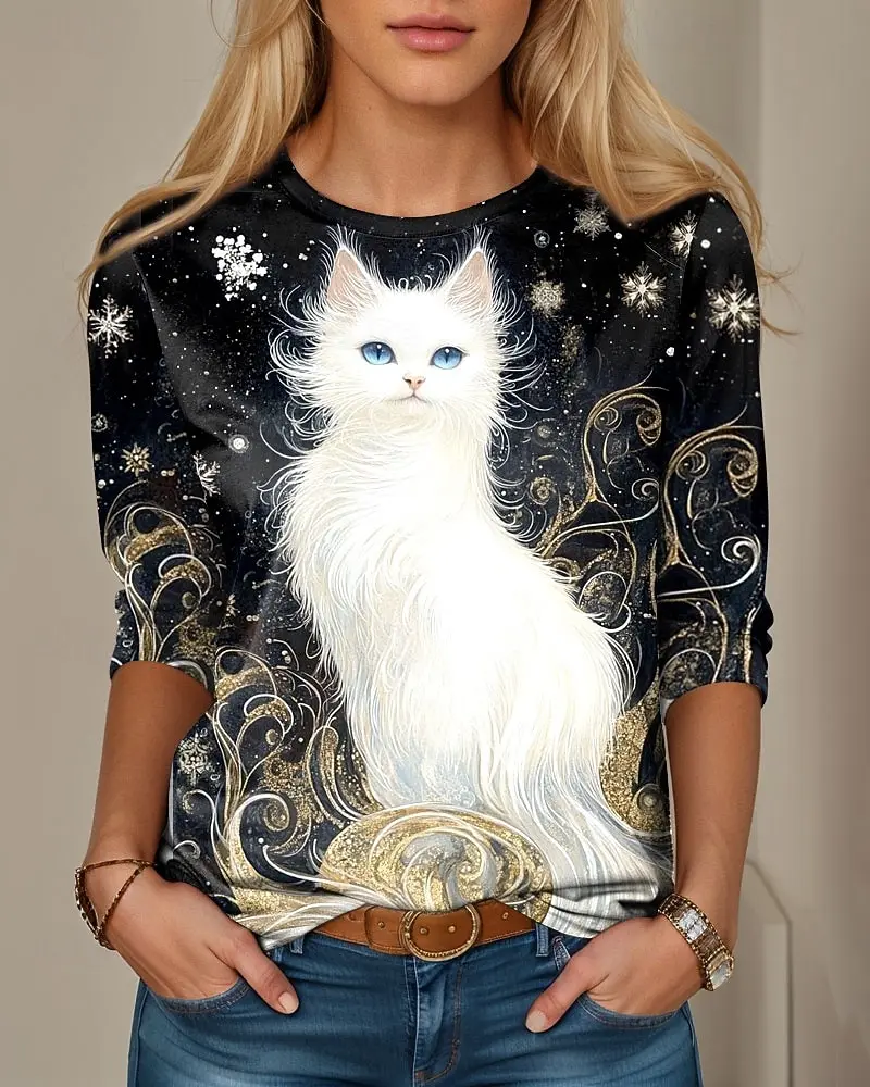 

Women's T-shirt Casual Long Sleeve Tops Animal Cat Graphic Tees Shirt Blouse O-neck Fall Winter Streetwear Style Y2K Pullover