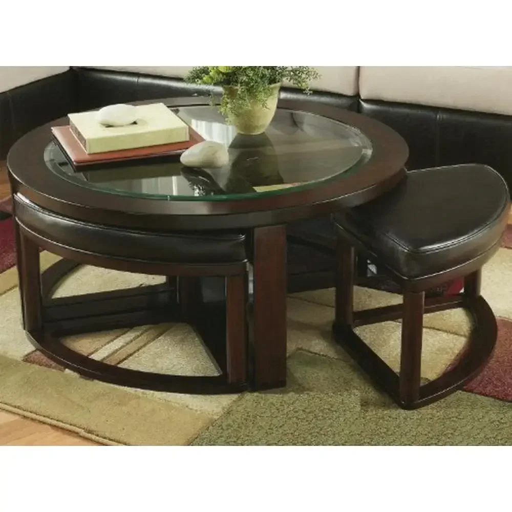 Wood Round Coffee Table Set with Glass Top and 4 Stools Espresso Wood Finish