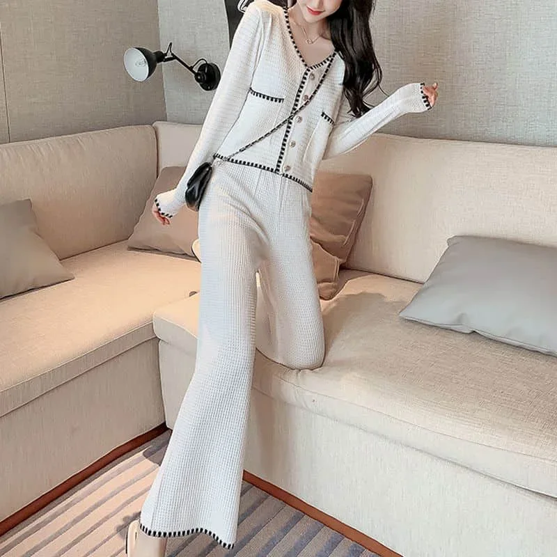 2025 Spring And Autumn New Knitted Suit V-neck Cardigan Jacket + Casual Straight Wide Leg Pants Thin Two-piece Female Trend