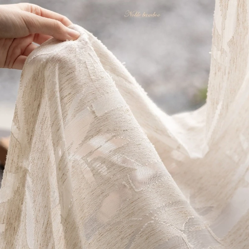 New Chinese Style Imitation Linen Cutout Tulle Curtain Mountain Bamboo Curtains for Living Dining Room Bedroom Custom Size Decor