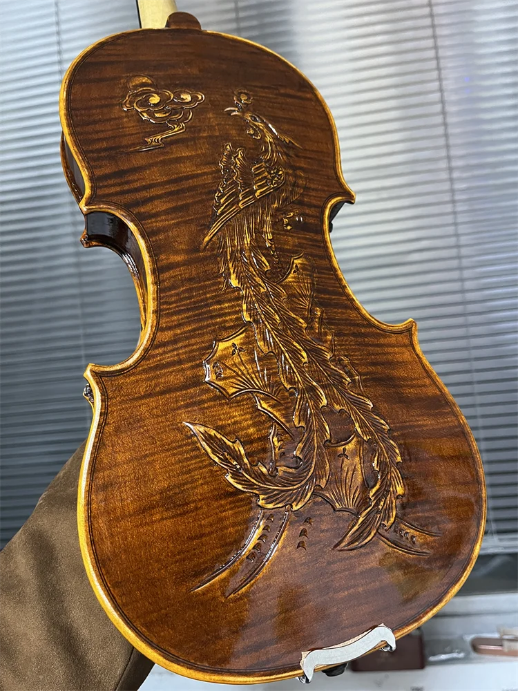 Actual Photo 4/4 Size Flamed Maple Back Carved Phoenix Hand Crafted Violin/Fiddle w/ Case&Bow V341