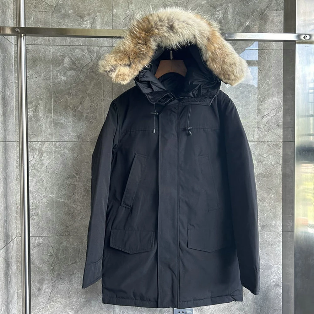 Winter Down COAT Jacket Fur Hooded Men Warm Outerwear Black