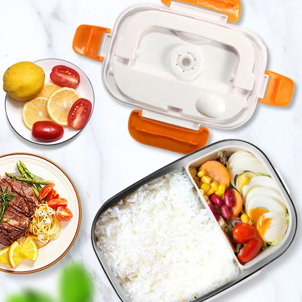 Pink/Blue/Silver gray/Orange Portable Car Electric Heating Lunch Box Stainless Steel Lunch Box 2 in 1 Home Auto Dinnerware Set