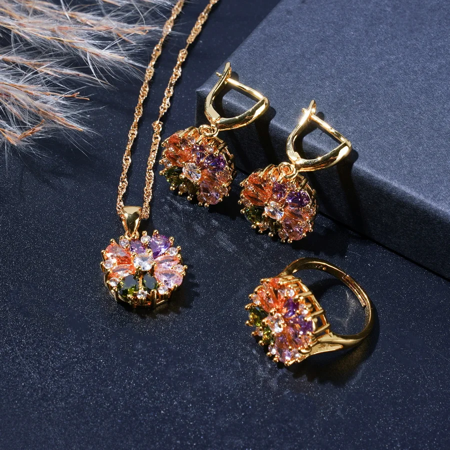 Vintage Luxury 4-Piece Jewelry Set Multicolor Zircon Flower Style Earrings, Necklace, and Ring  Gift for Wedding,