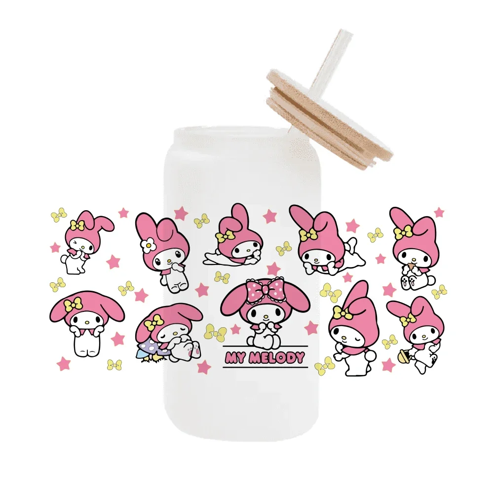 Sanrio cute My Melody Pink cartoon  For Libbey 16oz Can Glass 3D Waterproof UV DTF Coffee Can Wrap Libbey Glass Wrap