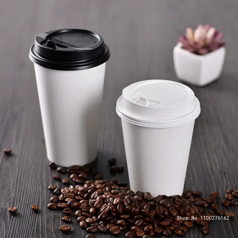 50pcs High Quality White Disposable Coffee Cup 8oz 250ml Small Thickened Paper Cup Hot Drink Takeaway Packaging Cup with Lid