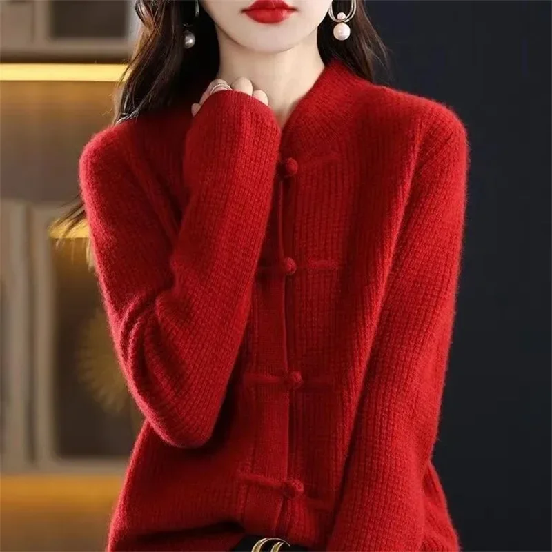 Pop Women 2025 New Autumn/winter Knitted Sweater Cardigan Stand Collar Retro Buckle Loose Fitting National Style Sweater Jacket