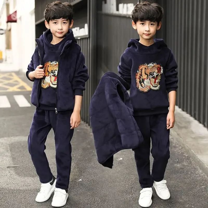 3-12Y 3Pcs Suits Winter Keep Warm Boys Clothing Set Cartoon Tiger Pattern Lining Plush Heavy Shirt+Vest+Pants Child Outfit