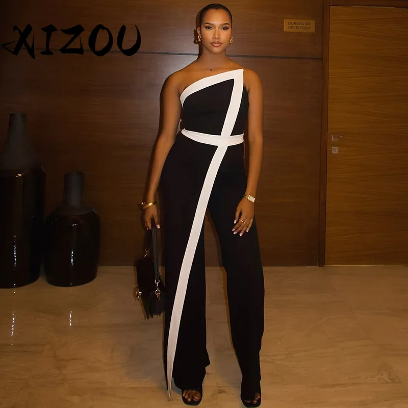 

XIZOU Women's Casual Jumpsuit Black White Contrast Patchwork Jumpsuits Strapless Backless Women One Piece Overalls Streetwear