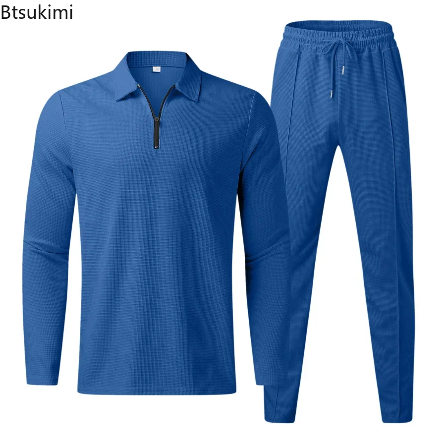 New 2024 Men\'s Casual Long Sleeve Polo Shirt+Sweatpants Suit Sets Solid Men V-neck Sweatshirt Clothing Sets 2PCS Mens Clothes