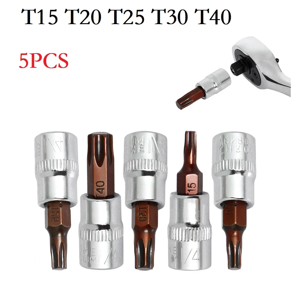 5pcs Torx Screwdriver Sockets Bits Set 1/4 Inch Drive Socket Ratchet Socket Wrench Adapter Hand Tools T15 T20 T25 T30 T40