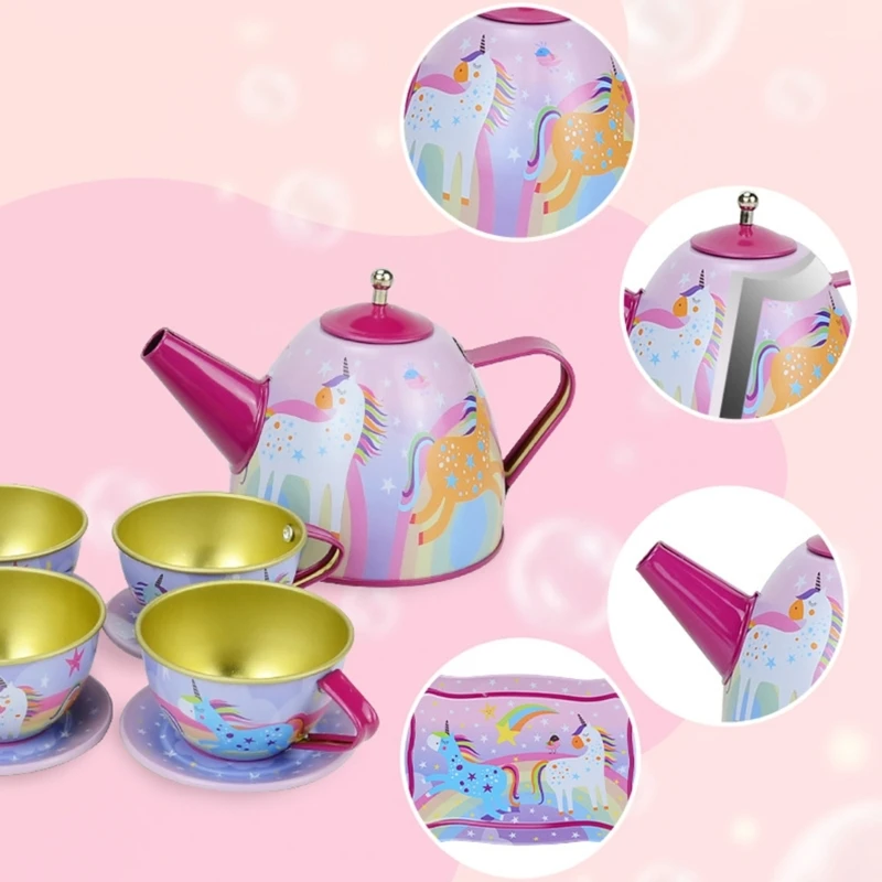 Kitchen Toy with Teapot Spoon Tray Children Role Playing Teaset Birthday Gift