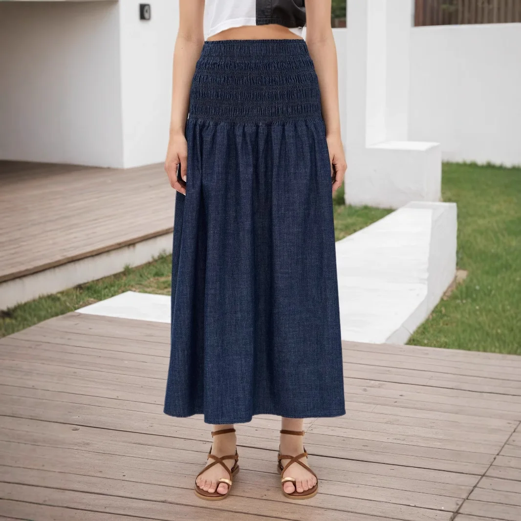 المرأة تقليد الدنيم ماكسي تنورة عالية الخصر Shirred Lmitation الدنيم ألف خط التنانير الطويلة عادية الصيف الربيع جان قيعان