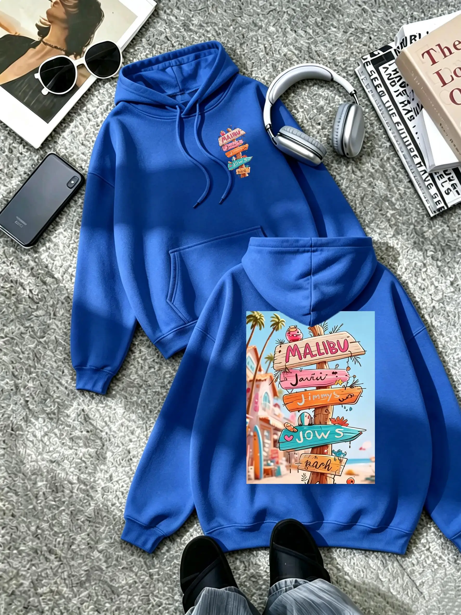 Malibu Coastal Street Sign Pattern Pocket Fleece Clothing Woman'S Autumn Casual Streetwear Soft Sport Hoody Y2K Simple Tops