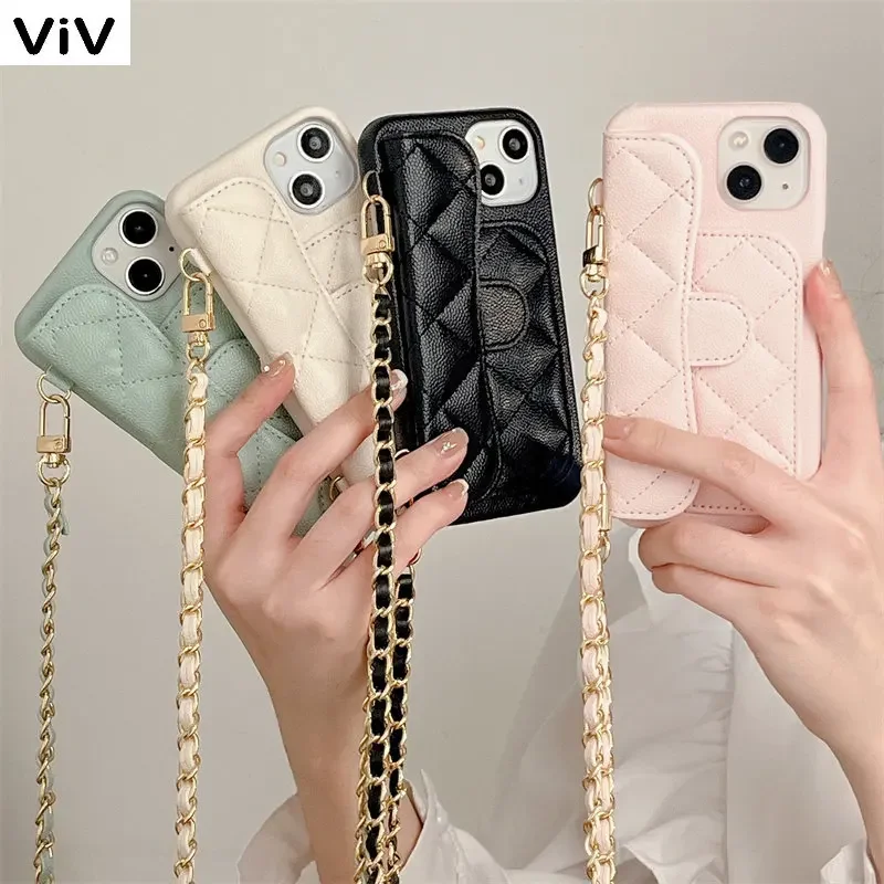 Luxury 16pro 16promax Leather Crossbody Chain Lanyard 15pro 15plus Phone Case For iPhone 16 15 14 12 13 Pro Max Cases Card Bag