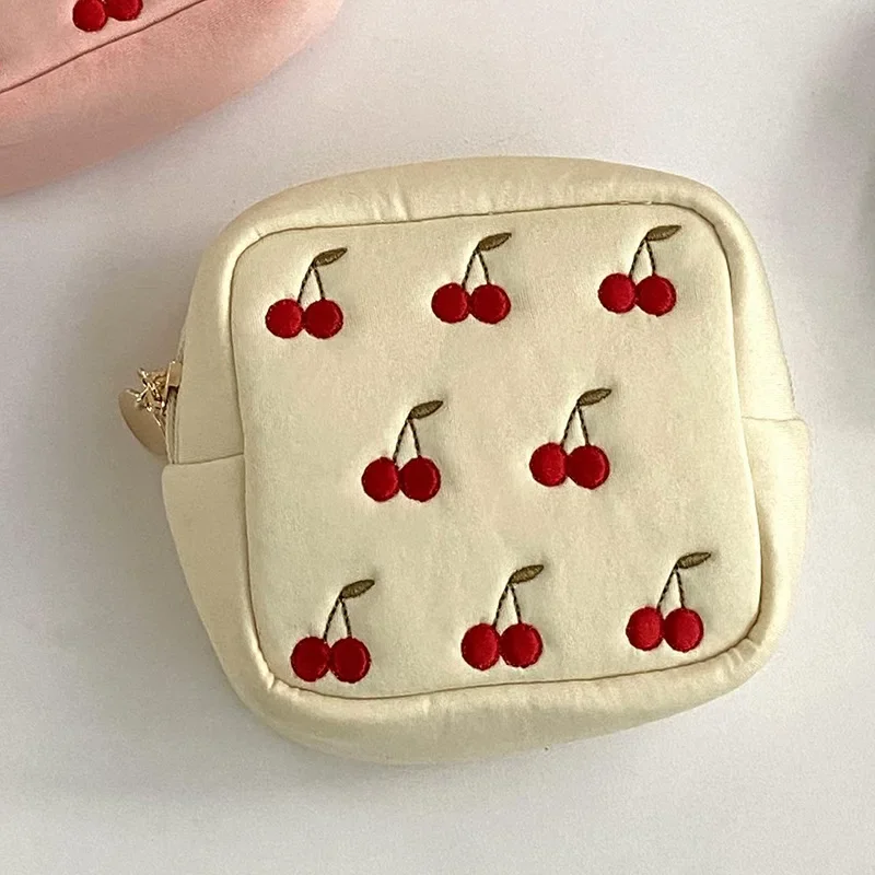 New Cheery Embroidery Cosmetic Bags for Women's Small Jewelry Bag Multifunctional Portable Sanitary Napkin Diaper Bag Coin Purse